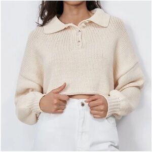 ZARA Chunky Knit Cropped Cotton Polo Long Sleeve Sweater Size Small in Cream